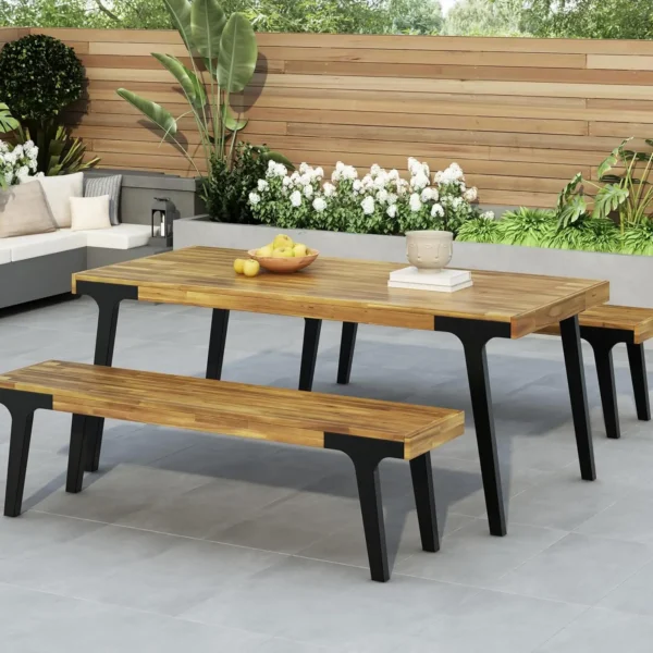 3 Piece Patio Dining Table,Acacia Wood Table Bench Dining Set,2 Wood Benches with 69'' Large Dining, Customized