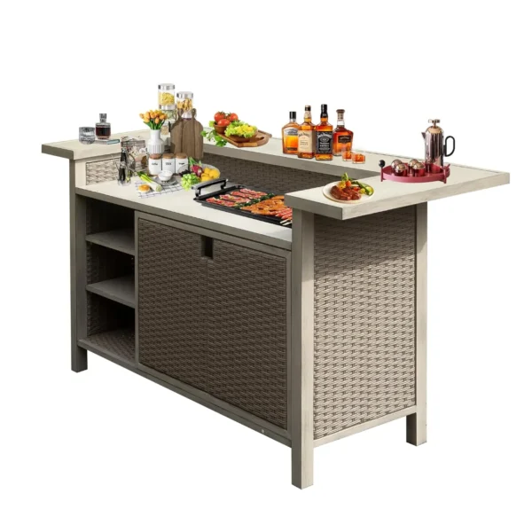 Domi Patio Bar Table, Outdoor Aluminum PE Wicker Bar Cart with Cabinet, All Weather Use Storage Patio Cabinet for, Customized