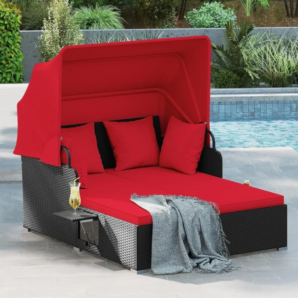 Outdoor Daybed with Canopy, 2 Person Rattan Sunbed with Cushions, 4 Pillows & 2 Foldable Side Trays, Patio Daybed, Customized