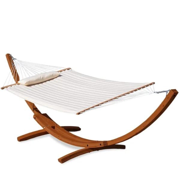 12 FT Double Quilted Fabric Hammock and 13 FT Brown Wood Arc Stand, with Spreader Bar, Removable Pillow, 2 Person, Customized