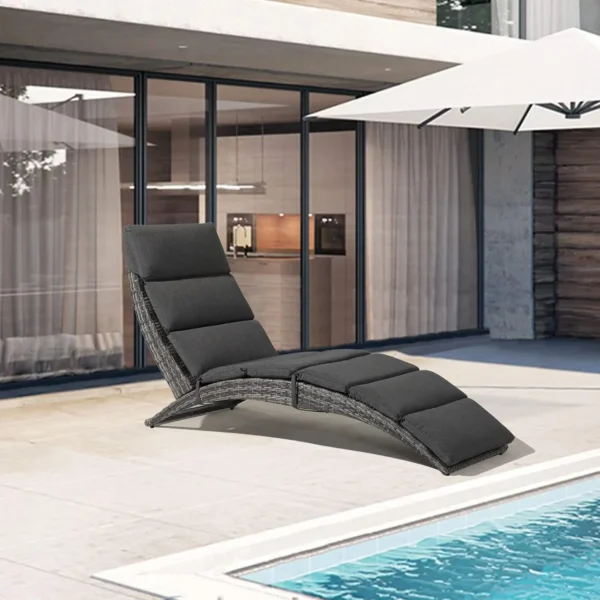 Patio Chaise Lounge, Outdoor Lounge Chair, PE Rattan Folding Chaise Lounger with Removable Dark Gray Cushion,, Customized