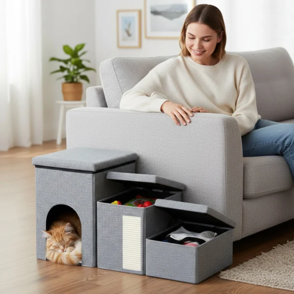 3 Levels Step Foldable Pet Stairs Multi-Purpose Multifunctional Cat Bed Removable Storage Organizer for Sofa Couch Bed Supplies