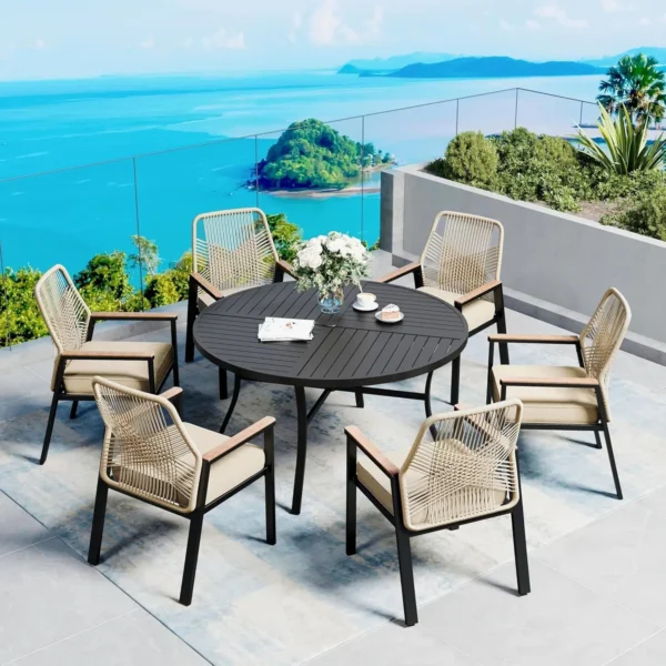 54" Patio Dining Table for 6, Round Patio Table with Umbrella Hole,E-Coating and Powder Coating Steel Frame Metal, Customized